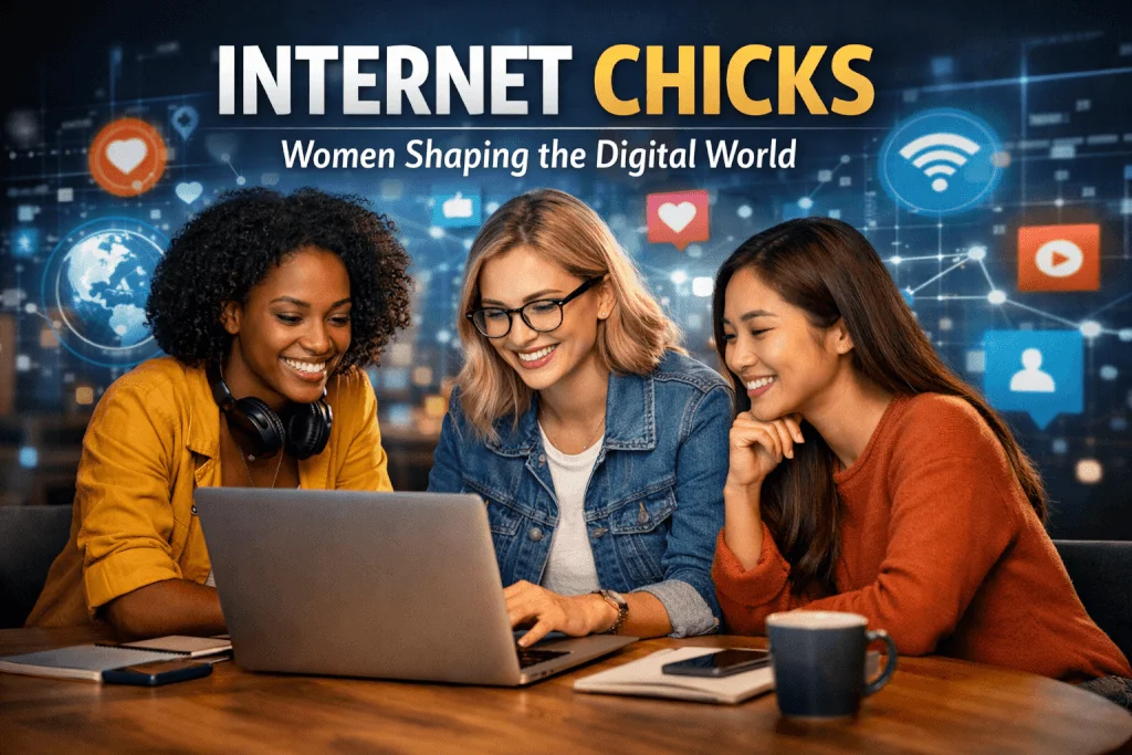Three diverse women collaborating on laptops in a modern digital workspace, representing internet chicks shaping the online world.
